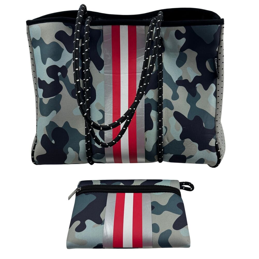 Dallas Hill Camo Striped Lightweight Neoprene Washable Tote Bag & Small Pouch